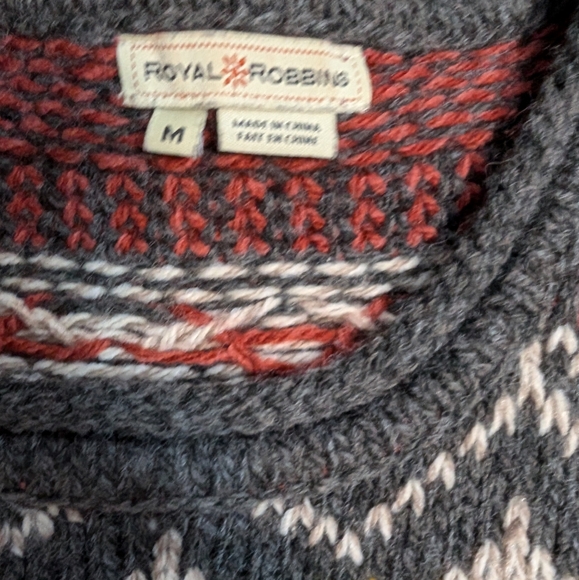 Royal Robbins Fair Isle Yoke Sweater Charcoal/Red M Cozy Wool Blend - Picture 6 of 7